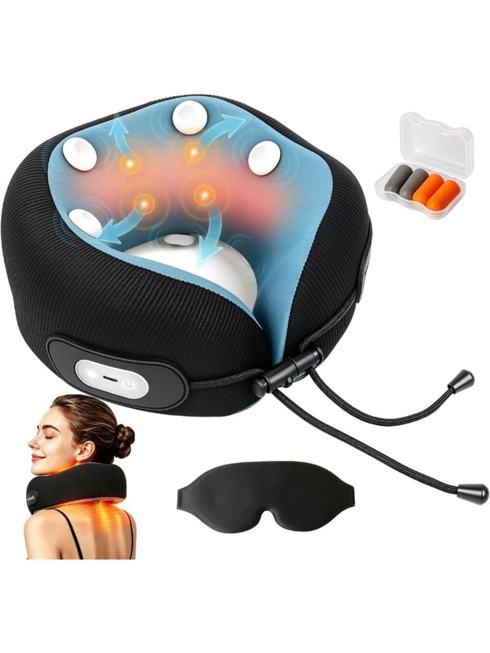Cozy Travel Neck Pillow with Heat & Massage, 8-Point Vibration Neck Massager